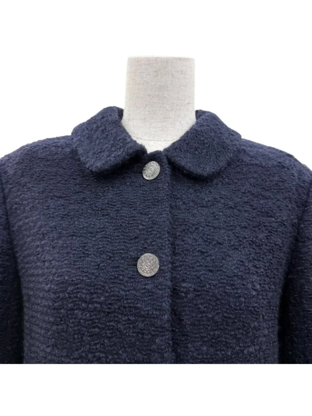 Chanel Wool Mohair CC Logo Button Tweed Coat Navy 38